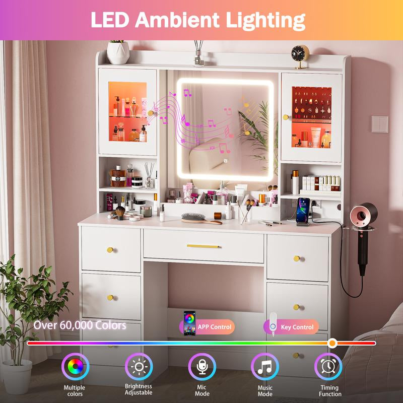 Illuminate Your Beauty Routine with the LAKEMID 7-Drawer White Vanity Table Featuring LED Lighting, Power Outlet, and Hair Dryer Rack