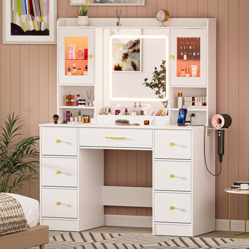 Illuminate Your Beauty Routine with the LAKEMID 7-Drawer White Vanity Table Featuring LED Lighting, Power Outlet, and Hair Dryer Rack