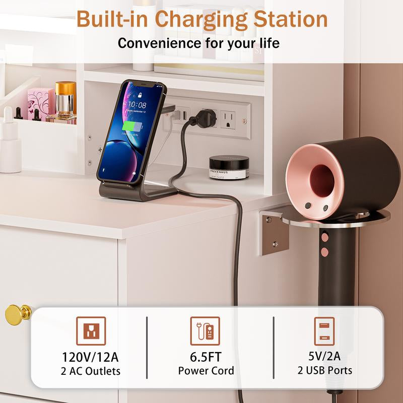 Illuminate Your Beauty Routine with the LAKEMID 7-Drawer White Vanity Table Featuring LED Lighting, Power Outlet, and Hair Dryer Rack