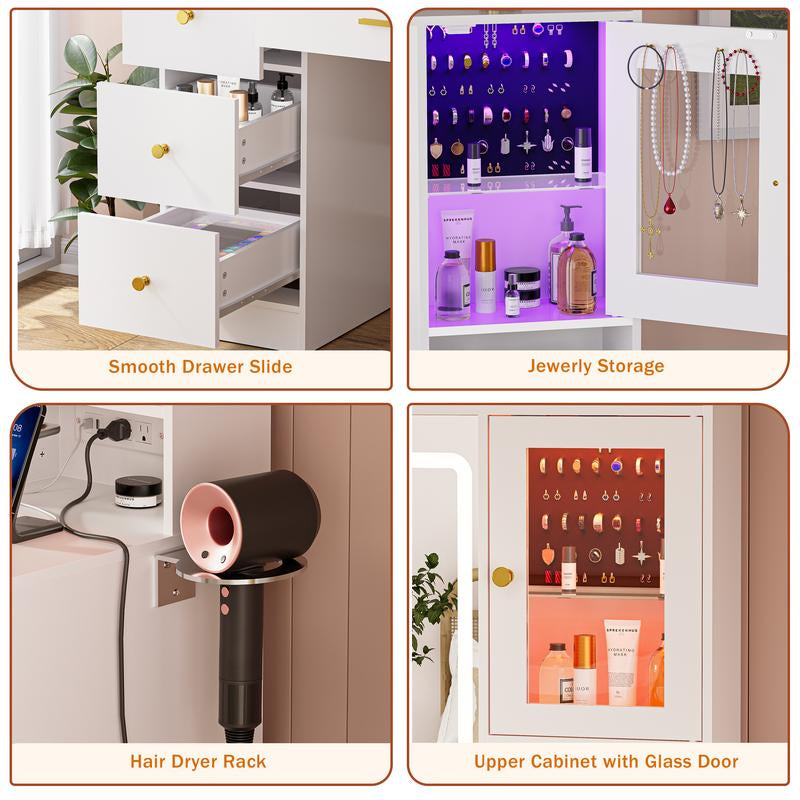 Illuminate Your Beauty Routine with the LAKEMID 7-Drawer White Vanity Table Featuring LED Lighting, Power Outlet, and Hair Dryer Rack