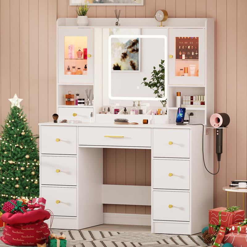 Illuminate Your Beauty Routine with the LAKEMID 7-Drawer White Vanity Table Featuring LED Lighting, Power Outlet, and Hair Dryer Rack