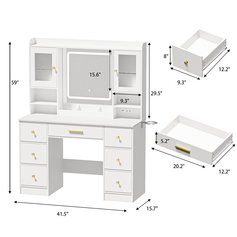 Illuminate Your Beauty Routine with the LAKEMID 7-Drawer White Vanity Table Featuring LED Lighting, Power Outlet, and Hair Dryer Rack