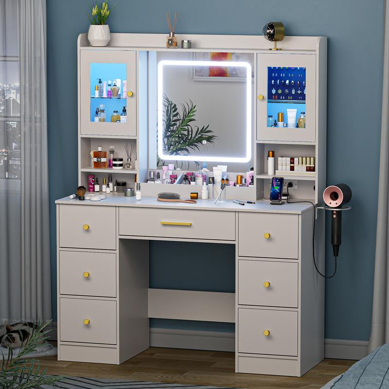 Illuminate Your Beauty Routine with the LAKEMID 7-Drawer White Vanity Table Featuring LED Lighting, Power Outlet, and Hair Dryer Rack